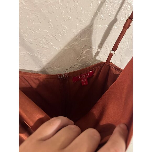 Guess Cowl Neck Burnt Orange Shiny Satin Sexy Shorts Playsuit Romper - Picture 6 of 9